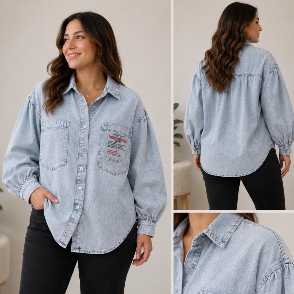 Hysteric Glamour Private Soldier Girls Denim Shirt Light Wash Puff Sleeve Small